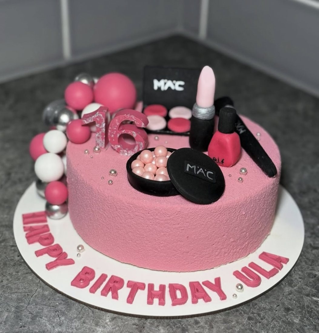 Pink makeup themed 16th birthday mousse cake