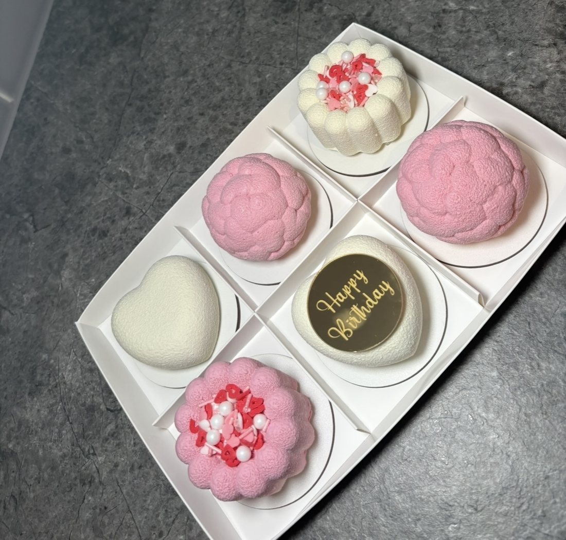 Pink and white birthday mousse cake assortment box of six