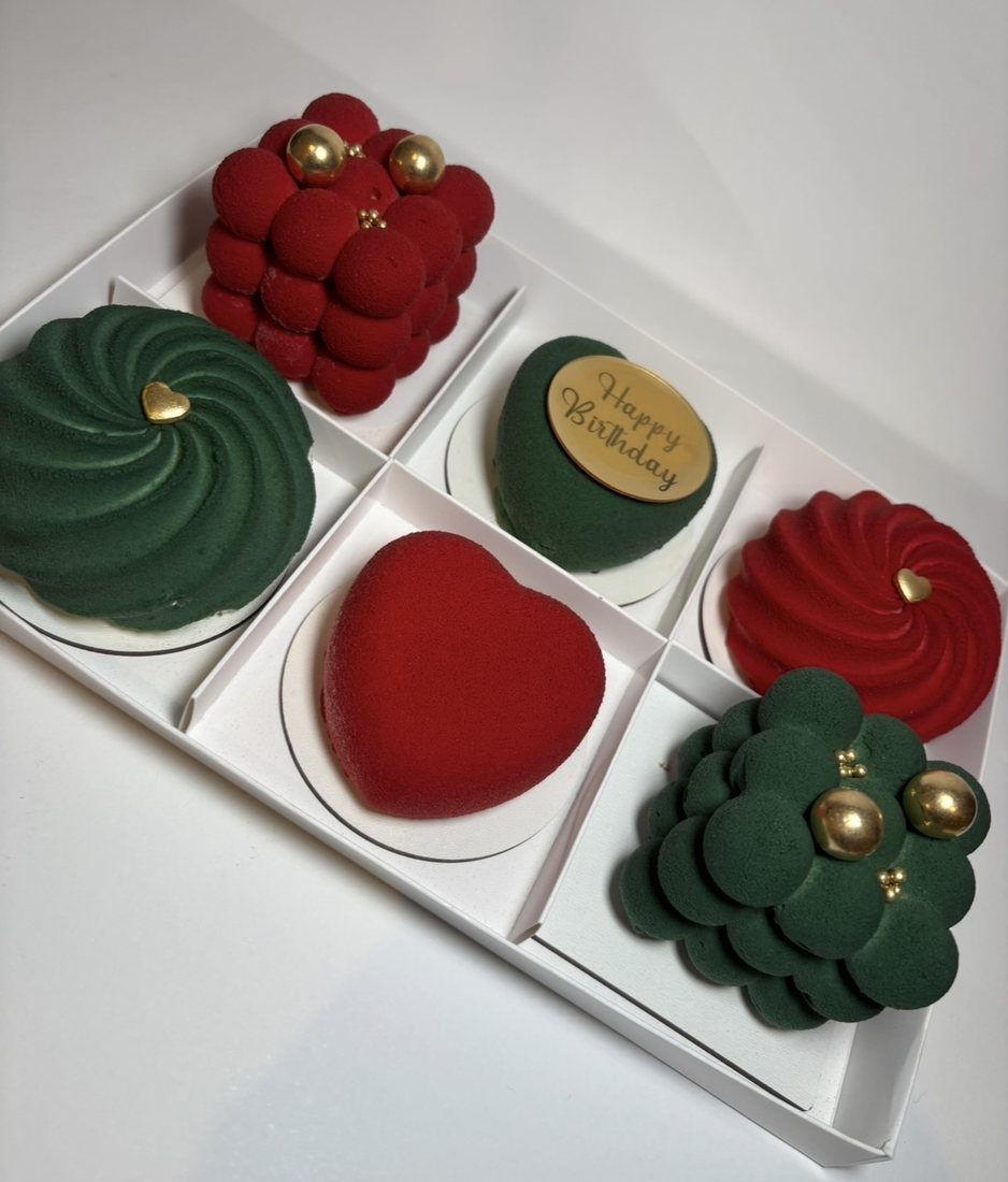 Red and green Christmas themed mousse cake box of six