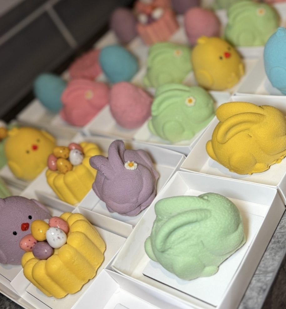 Pastel bunny and chick shaped mousse cakes for Easter