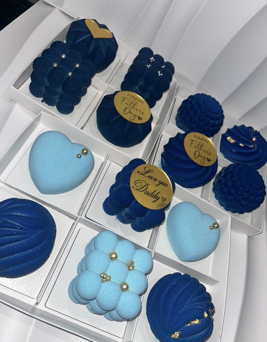Navy and light blue Father's Day mousse cake assortment