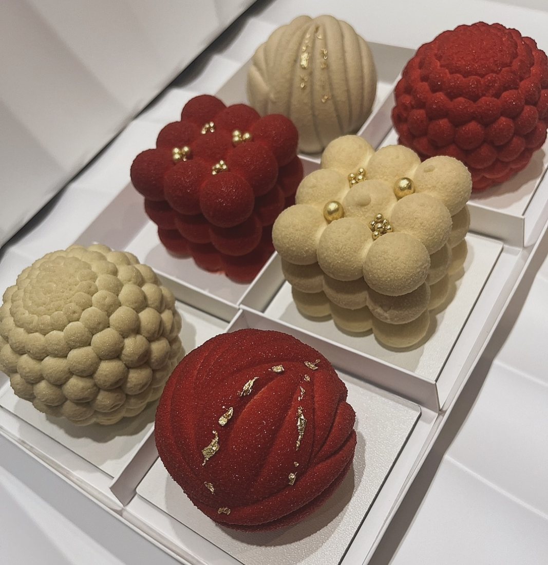 Red and cream mousse cake box of six with gold leaf