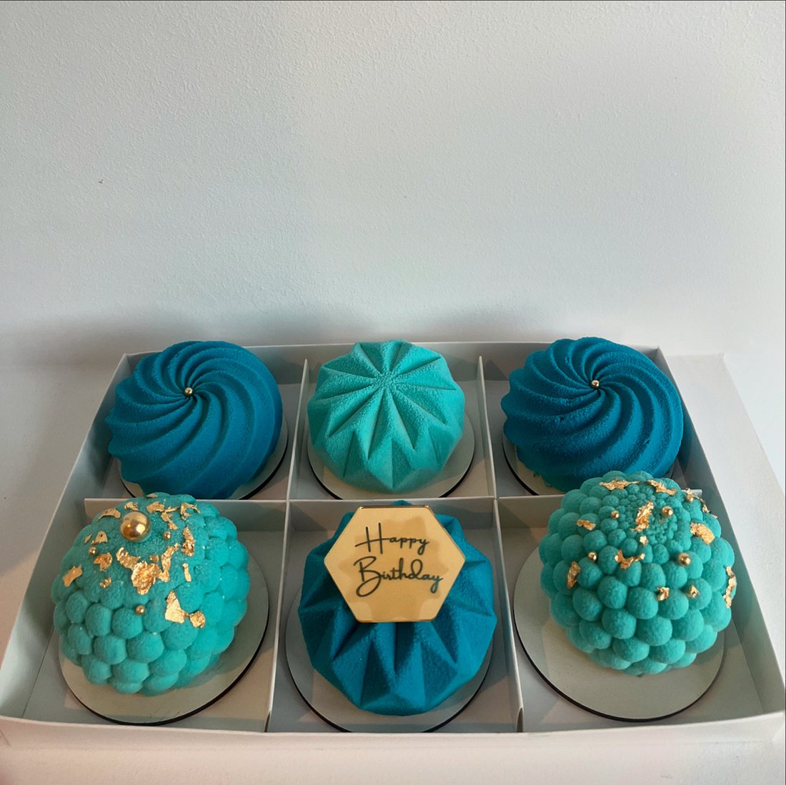 Teal Happy Birthday mousse cake box of six