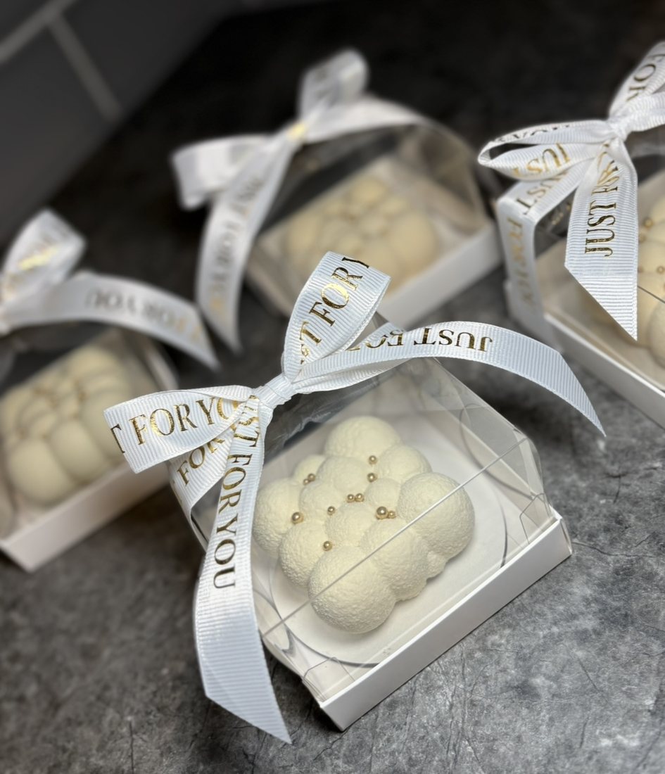 White bubble mousse cakes in Just For You gift boxes